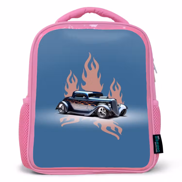 Kinderrugzak - Roze - Blauwe auto met roze vlammen — 1