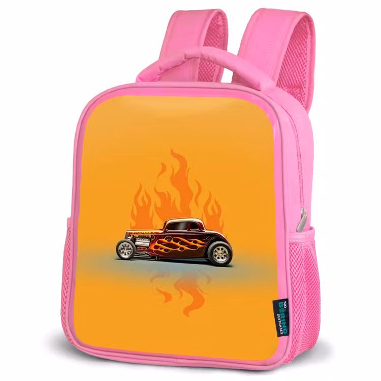 Kinderrugzak - Roze - Bruine auto met gele vlammen — 6
