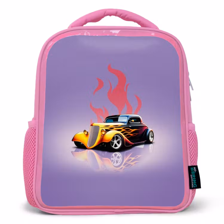 Kinderrugzak - Roze - Gele auto met roze vlammen — 1