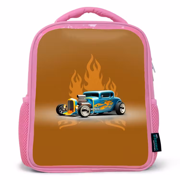 Kinderrugzak - Roze - Blauwe auto met gele vlammen — 1