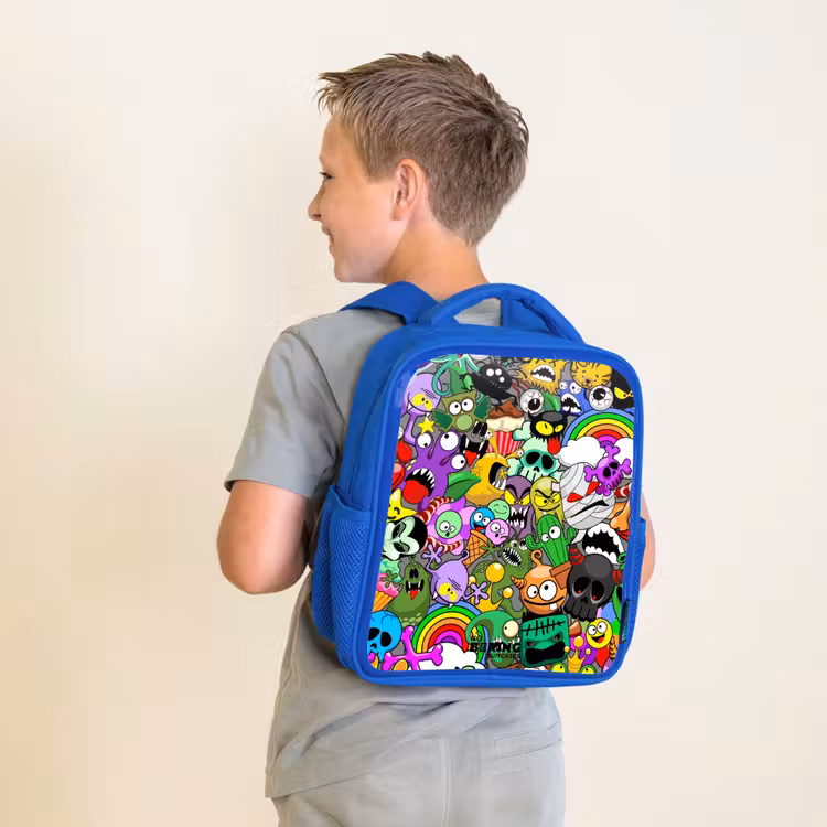 Kinderrugzak - Blauw - Chaotisch kleurrijk monster patroon — 3