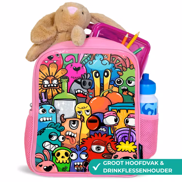 Kinderrugzak - Roze - Knallende gekleurde monsters — 2