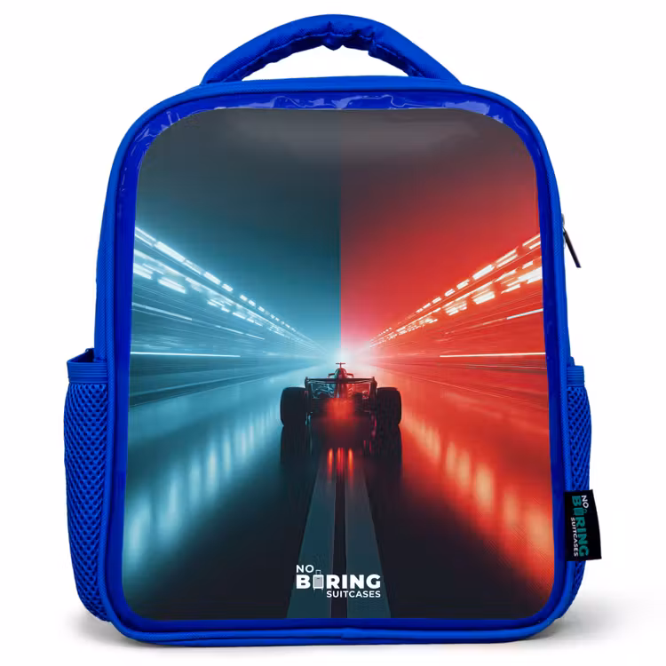 Kinderrugzak - Blauw - Baan - Raceauto - Neon - Rood — 1