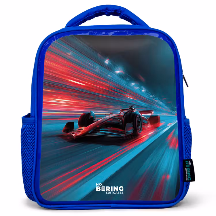 Kinderrugzak - Blauw - Raceauto - Baan - Neon - Verlichting — 1