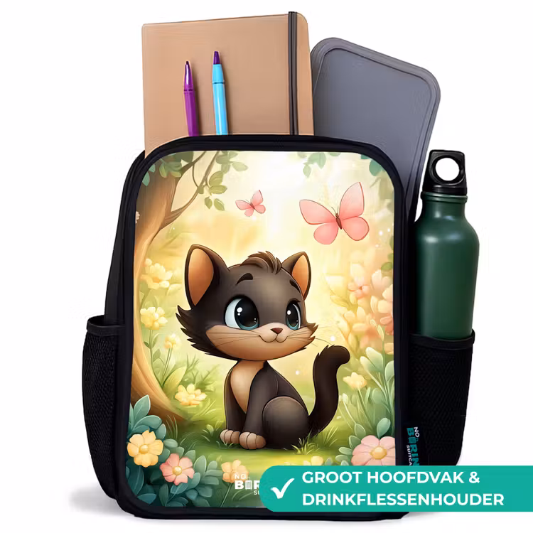 Kinderrugzak - Zwart - Kat - Vlinder - Bloemen — 4