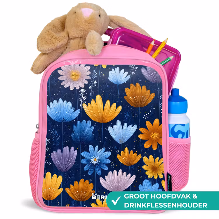Kinderrugzak - Roze - Bloemen op een donkerblauwe achtergrond — 2