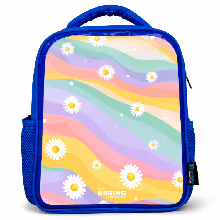 Kinderrugzak - Blauw - Madeliefjes op regenboogachtergrond — 1