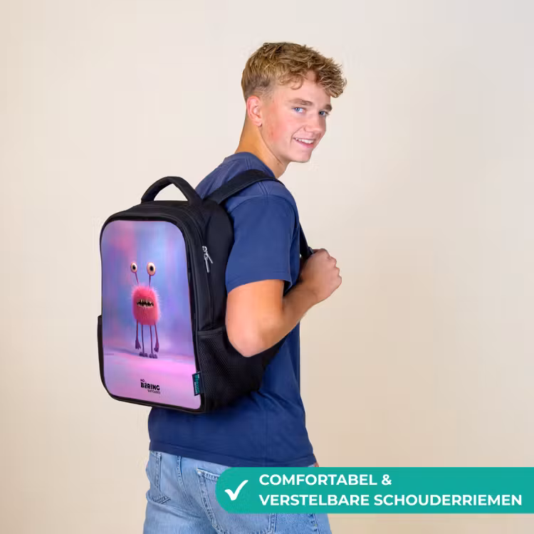 Kinderrugzak - Zwart - Roze harig monster met grote ogen — 2