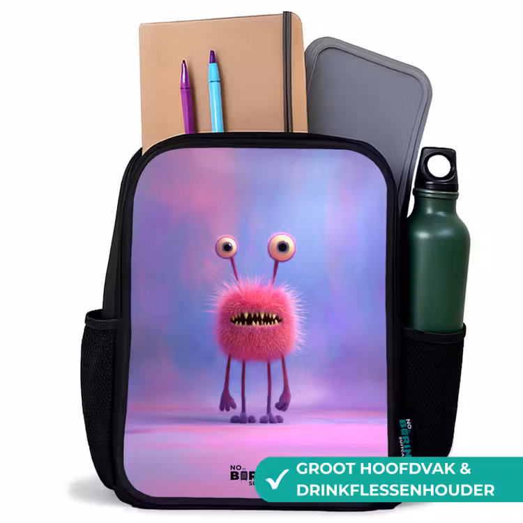 Kinderrugzak - Zwart - Roze harig monster met grote ogen — 4