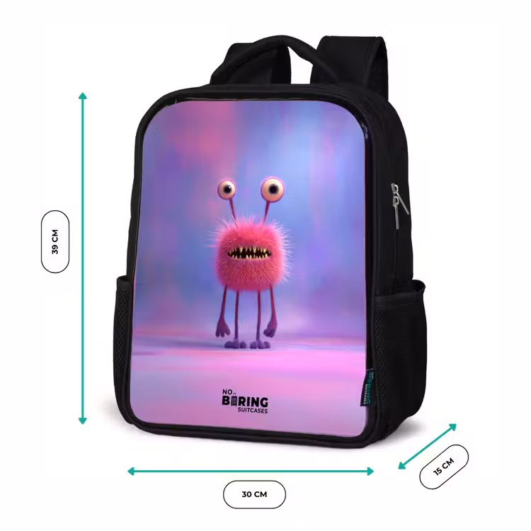 Kinderrugzak - Zwart - Roze harig monster met grote ogen — 5