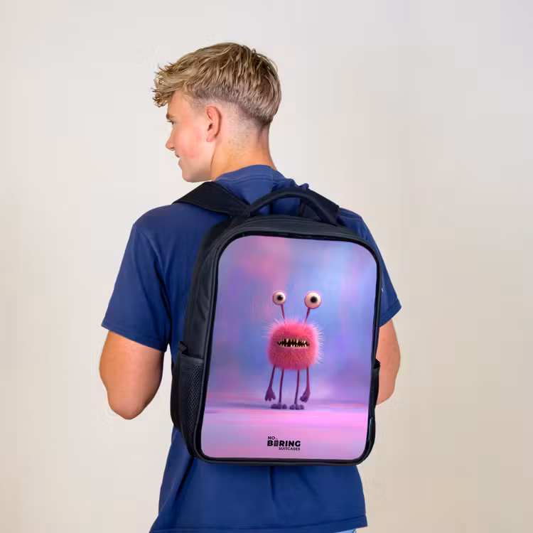 Kinderrugzak - Zwart - Roze harig monster met grote ogen — 6