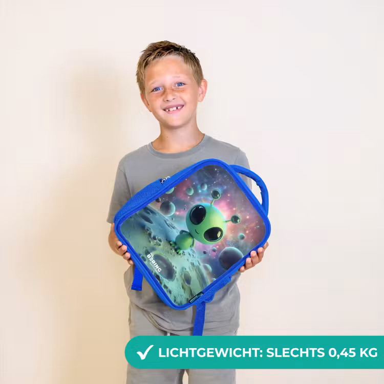 Kinderrugzak - Blauw - Groen buitenaards wezentje op maanlandschap — 2