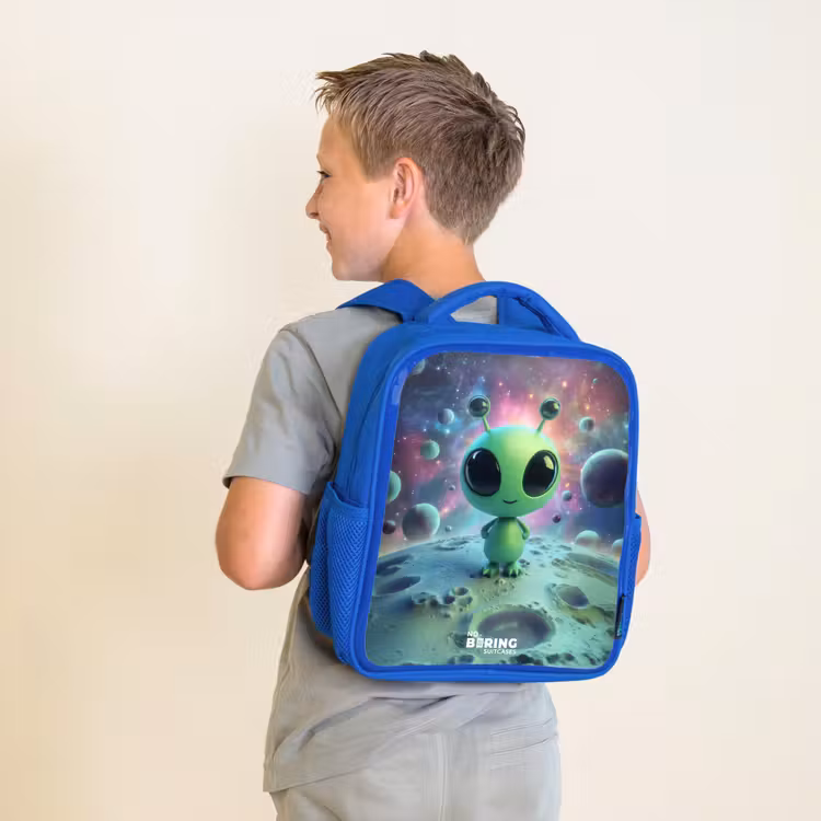 Kinderrugzak - Blauw - Groen buitenaards wezentje op maanlandschap — 3