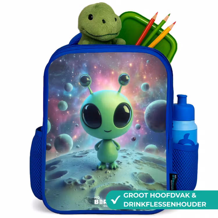 Kinderrugzak - Blauw - Groen buitenaards wezentje op maanlandschap — 5