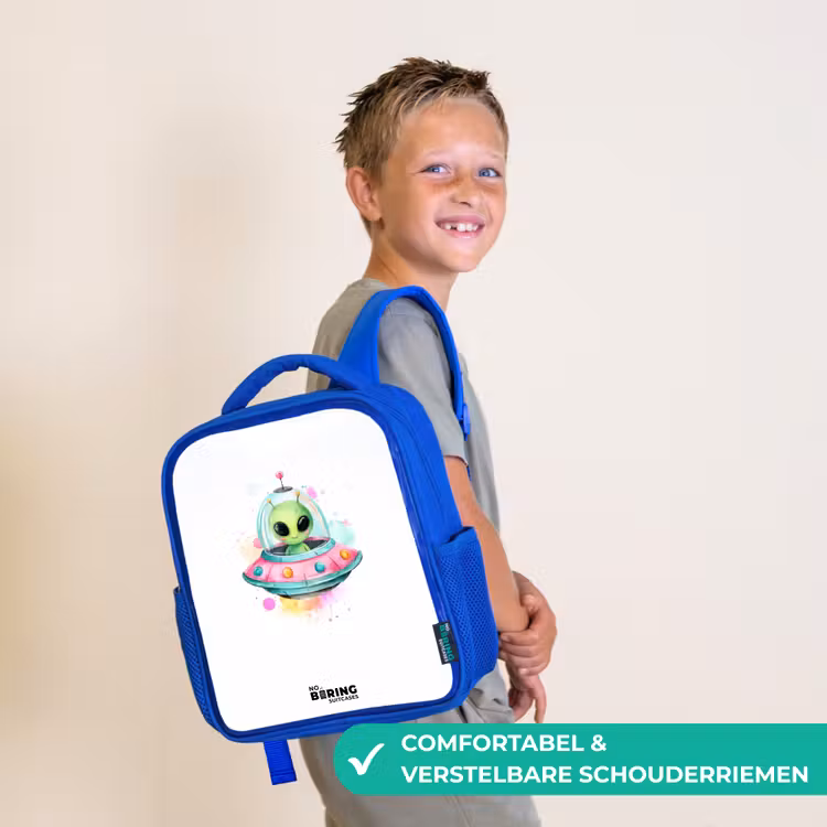 Kinderrugzak - Blauw - Groene alien in kleurrijke UFO — 4