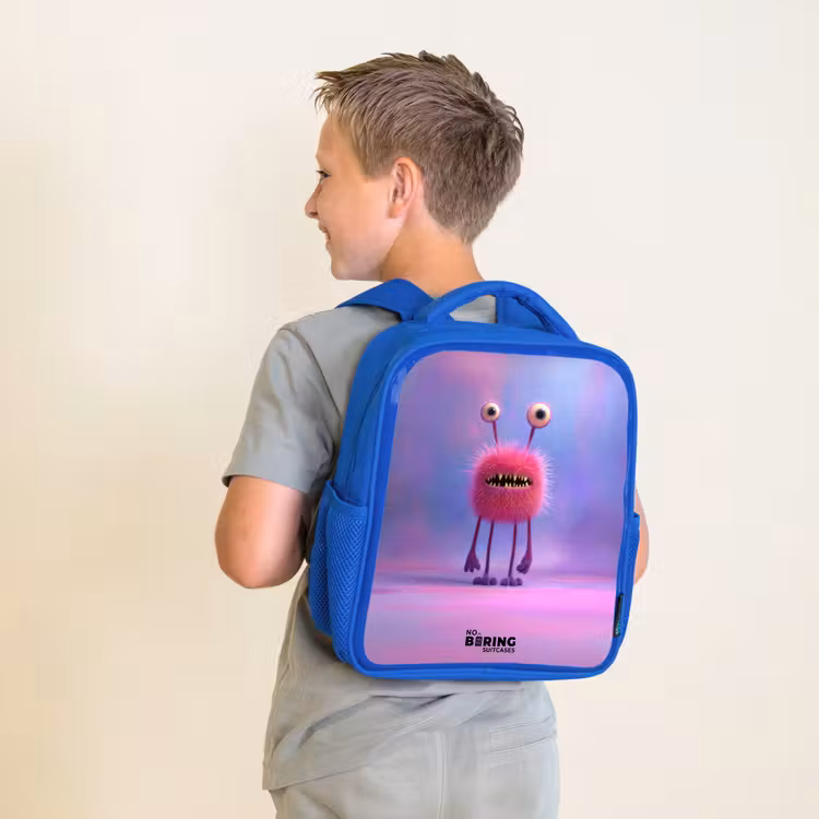 Kinderrugzak - Blauw - Roze harig monster met grote ogen — 3