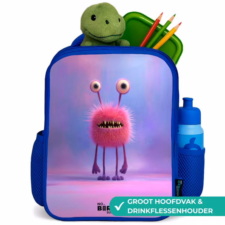 Kinderrugzak - Blauw - Roze harig monster met grote ogen — 5