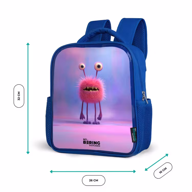 Kinderrugzak - Blauw - Roze harig monster met grote ogen — 6