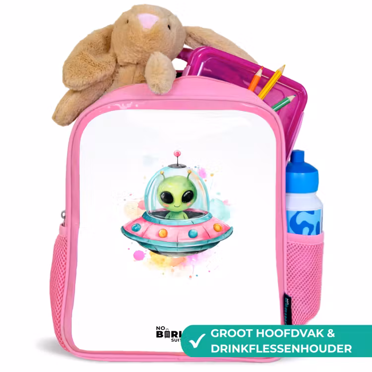 Kinderrugzak - Roze - Groene alien in kleurrijke UFO — 2