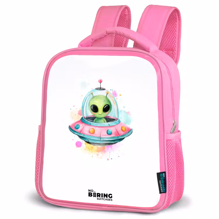 Kinderrugzak - Roze - Groene alien in kleurrijke UFO — 6