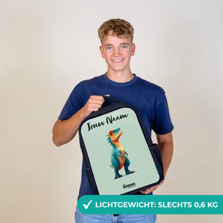 Kinderrugzak met naam - Zwart - Dino - Dier - Groen - Oranje — 3