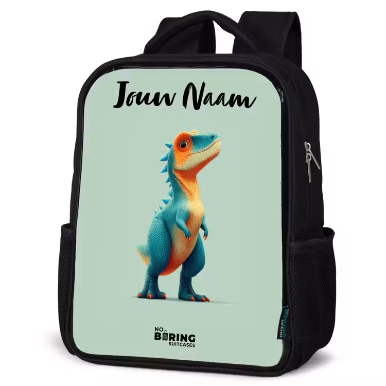 Kinderrugzak met naam - Zwart - Dino - Dier - Groen - Oranje — 7