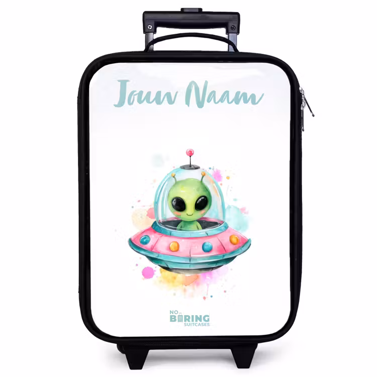 Kinderkoffer met naam - Zwart - Groene alien in kleurrijke UFO — 1