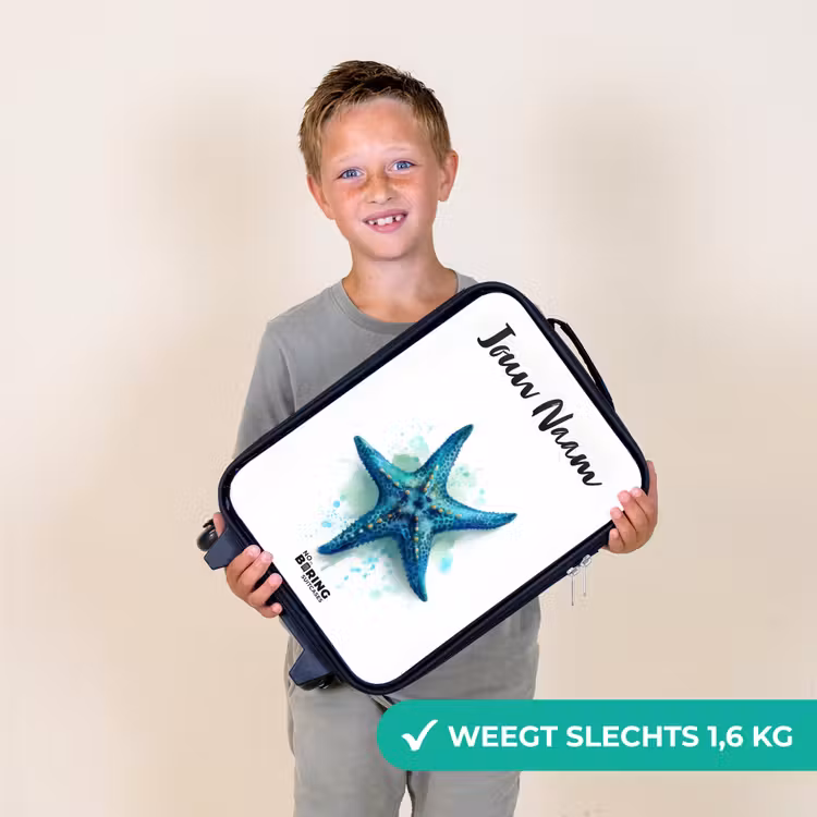 Kinderkoffer met naam - Zwart - Blauwe Zeester op Witte Achtergrond — 2