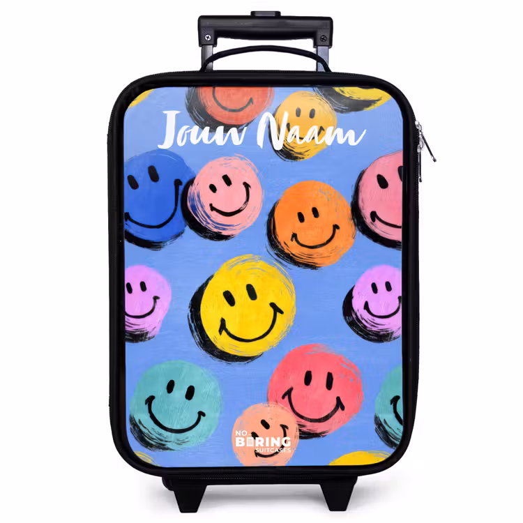 Kinderkoffer met naam - Zwart - Een speels en kunstzinnig patroon van kleurrijke smileys — 1