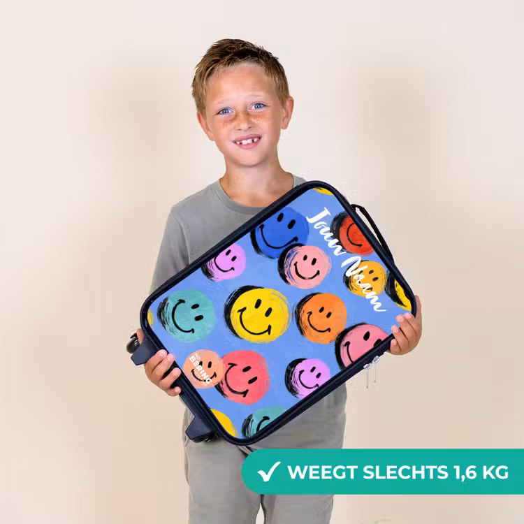 Kinderkoffer met naam - Zwart - Een speels en kunstzinnig patroon van kleurrijke smileys — 2