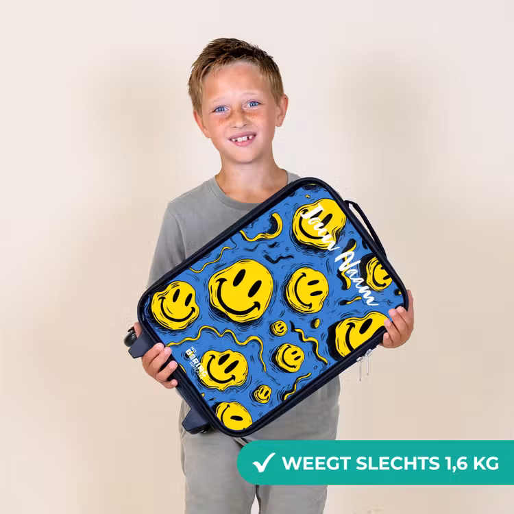 Kinderkoffer met naam - Zwart - Smiley - Blauw - Geel — 2