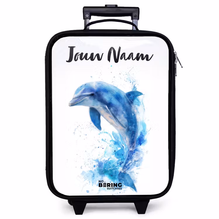 Kinderkoffer met naam - Zwart - Springende blauwe dolfijn — 1