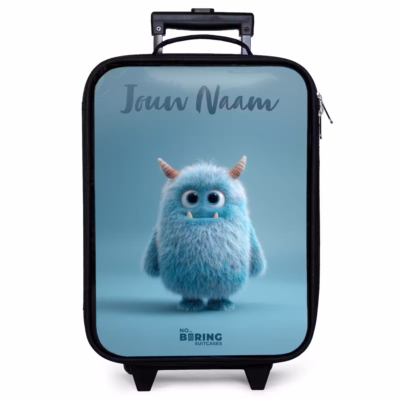 Kinderkoffer met naam - Zwart - Blauw pluizig monster met hoorns — 1