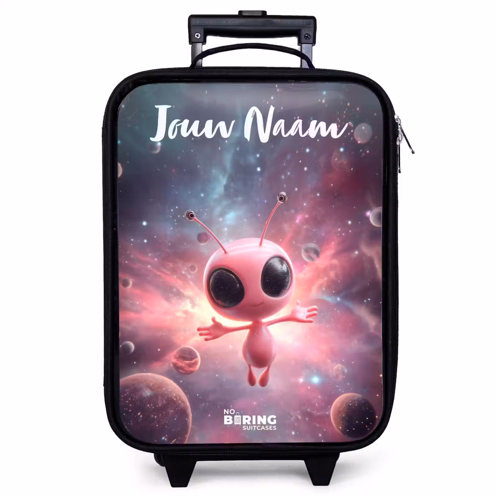Kinderkoffer met naam - Zwart - Roze Alien in Sterrennevel — 1