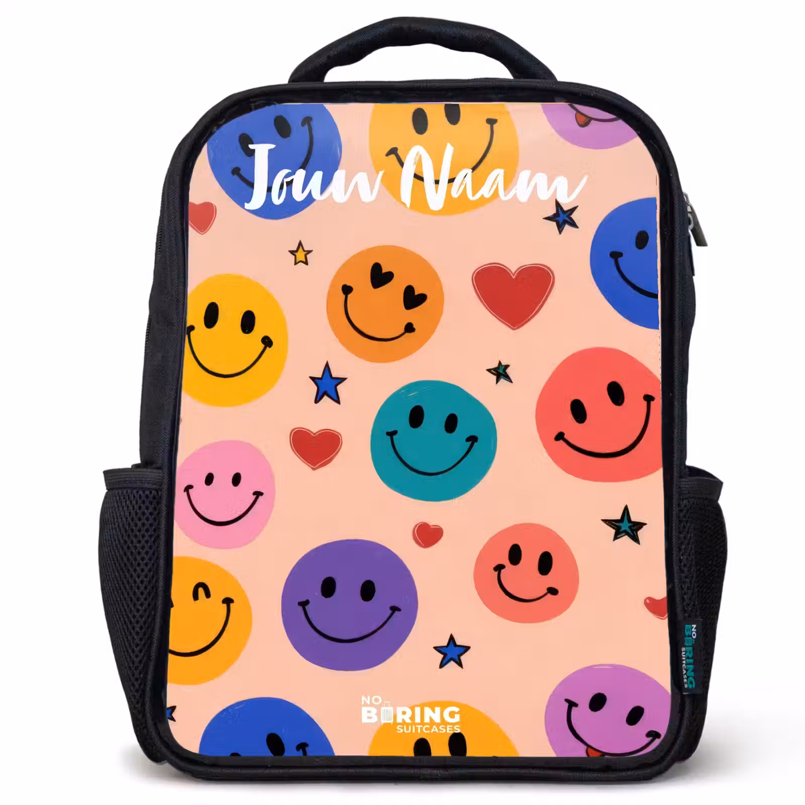 Kinderrugzak met naam - Zwart - Vrolijk Smiley-patroon — 1