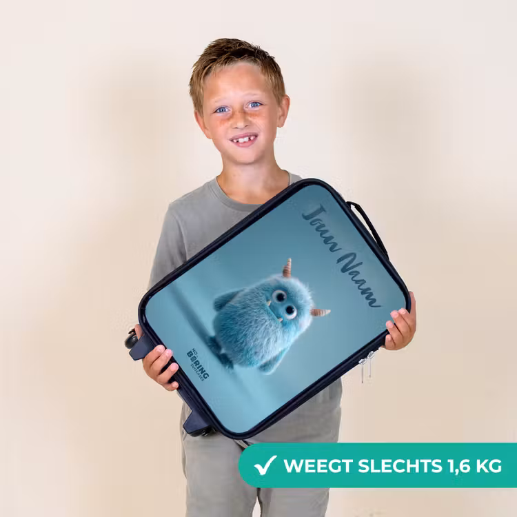 Kinderkoffer met naam - Zwart - Blauw pluizig monster met hoorns — 2