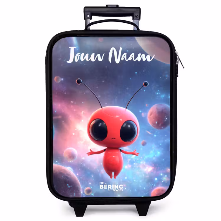 Kinderkoffer met naam - Zwart - Rood Ruimtewezen in Kosmische Dans — 1