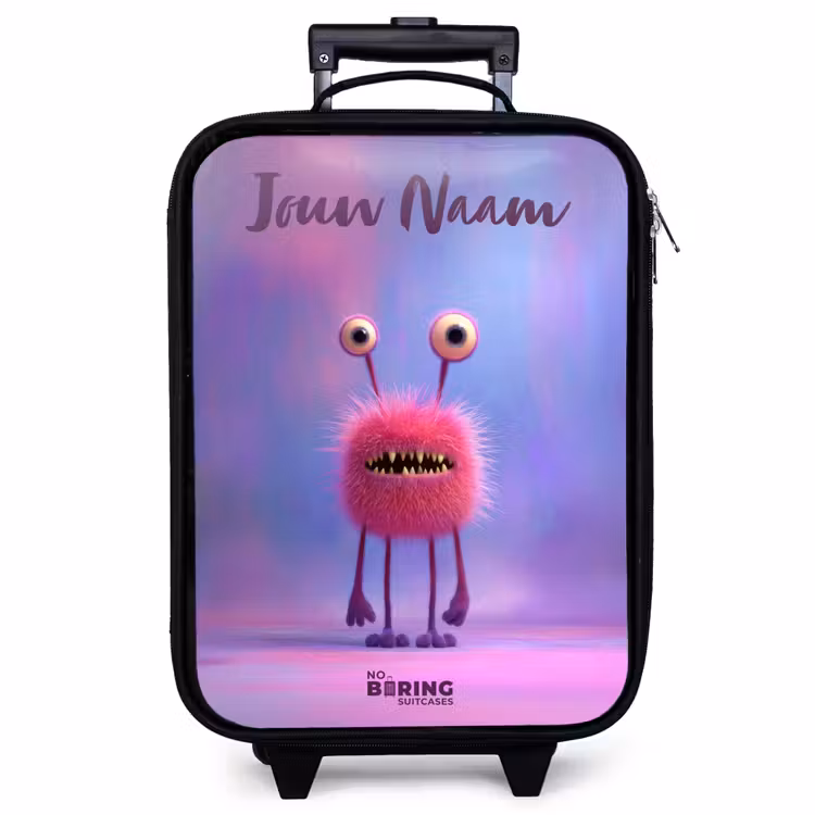 Kinderkoffer met naam - Zwart - Roze harig monster met grote ogen — 1