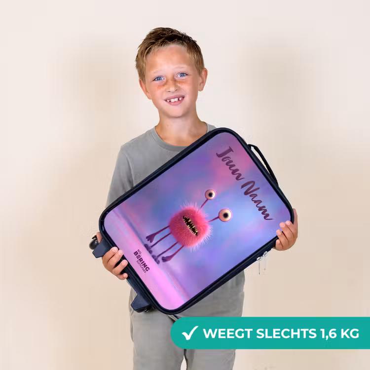 Kinderkoffer met naam - Zwart - Roze harig monster met grote ogen — 2
