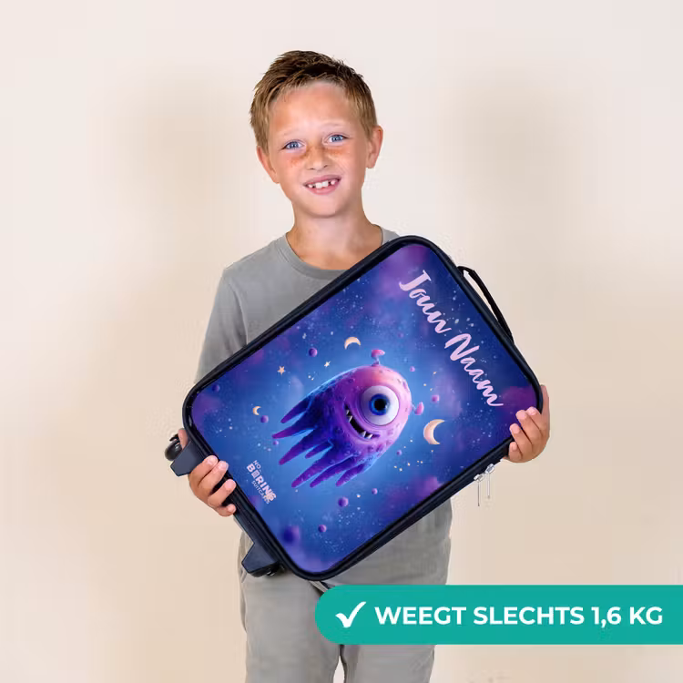 Kinderkoffer met naam - Zwart - Vrolijk paarsoog in de ruimte — 2