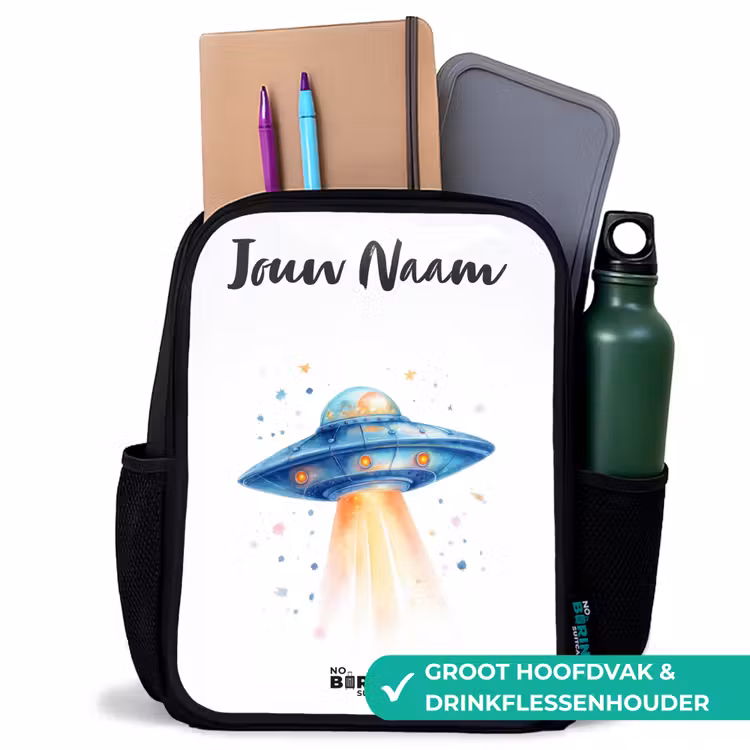 Kinderrugzak met naam - Zwart - Blauw ruimteschip met lichtstraal — 4