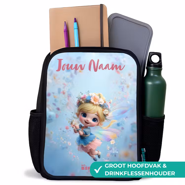 Kinderrugzak met naam - Zwart - Vlinderfee in Bloemenlucht — 4