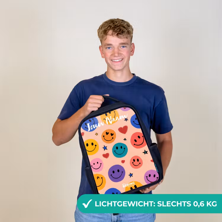 Kinderrugzak met naam - Zwart - Vrolijk Smiley-patroon — 3