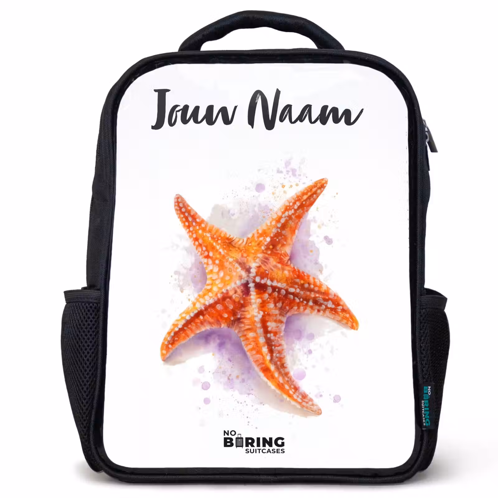 Kinderrugzak met naam - Zwart - Oranje Zeester Illustratie — 1