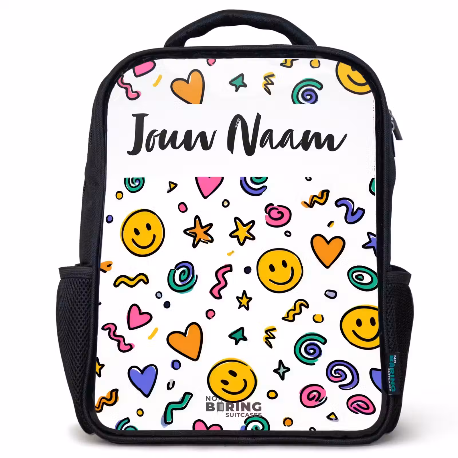 Kinderrugzak met naam - Zwart - Smiley - Hartje - Ster — 1