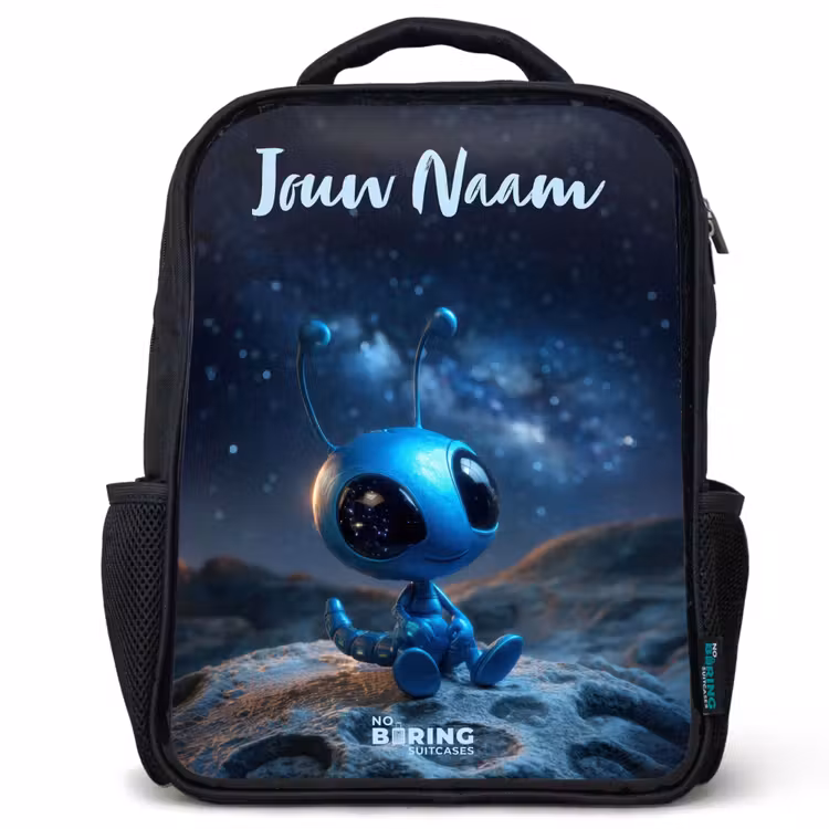 Kinderrugzak met naam - Zwart - Blauw buitenaards wezentje onder sterrenhemel — 1