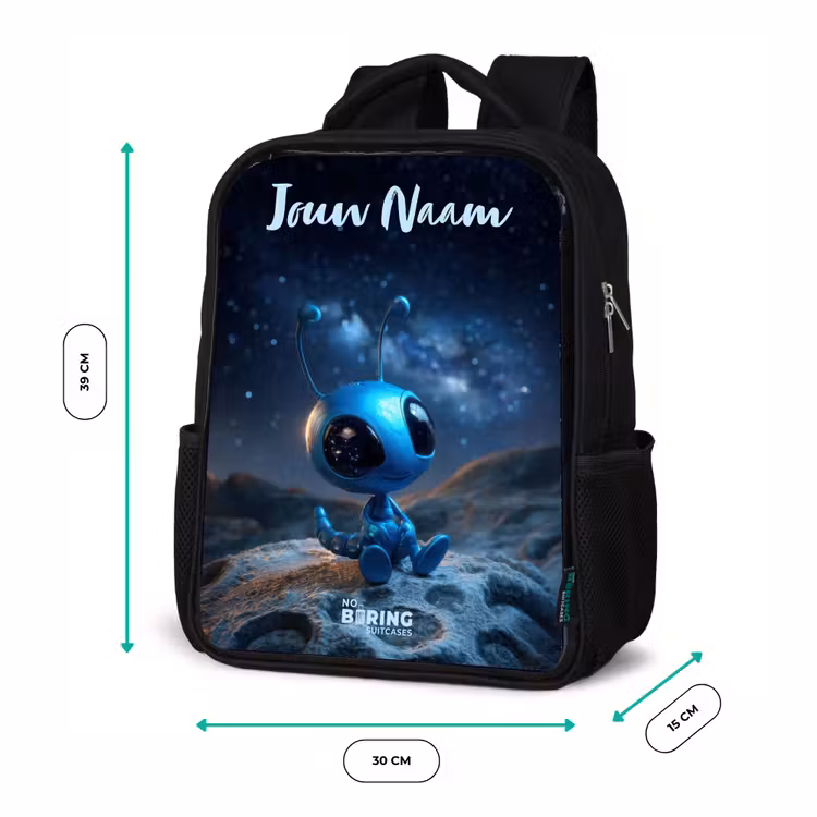 Kinderrugzak met naam - Zwart - Blauw buitenaards wezentje onder sterrenhemel — 5