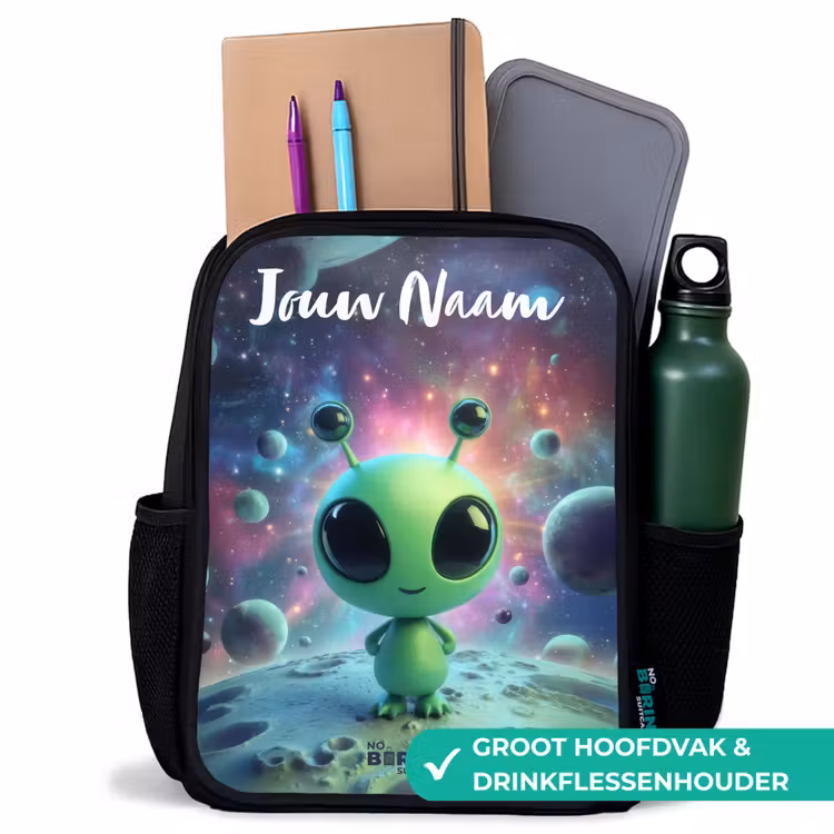 Kinderrugzak met naam - Zwart - Groen buitenaards wezentje op maanlandschap — 4