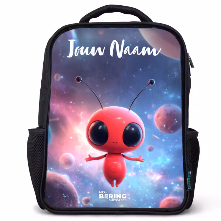 Kinderrugzak met naam - Zwart - Rood Ruimtewezen in Kosmische Dans — 1