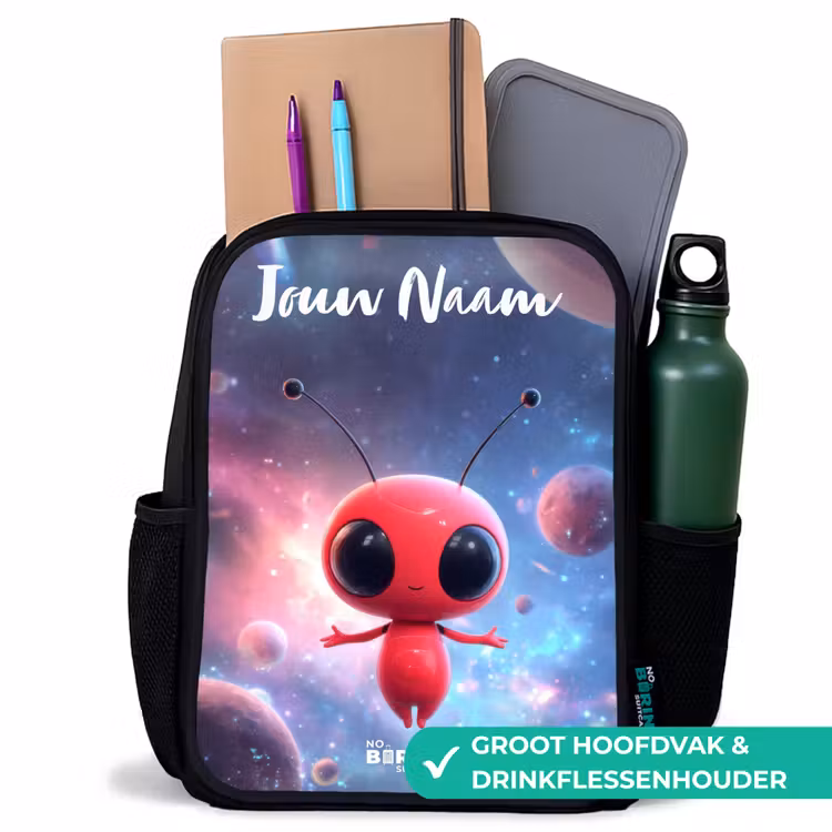 Kinderrugzak met naam - Zwart - Rood Ruimtewezen in Kosmische Dans — 4